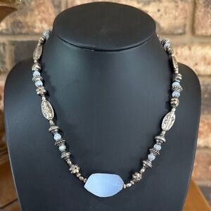 Vintage ice blue agate stone necklace with silver tone beads